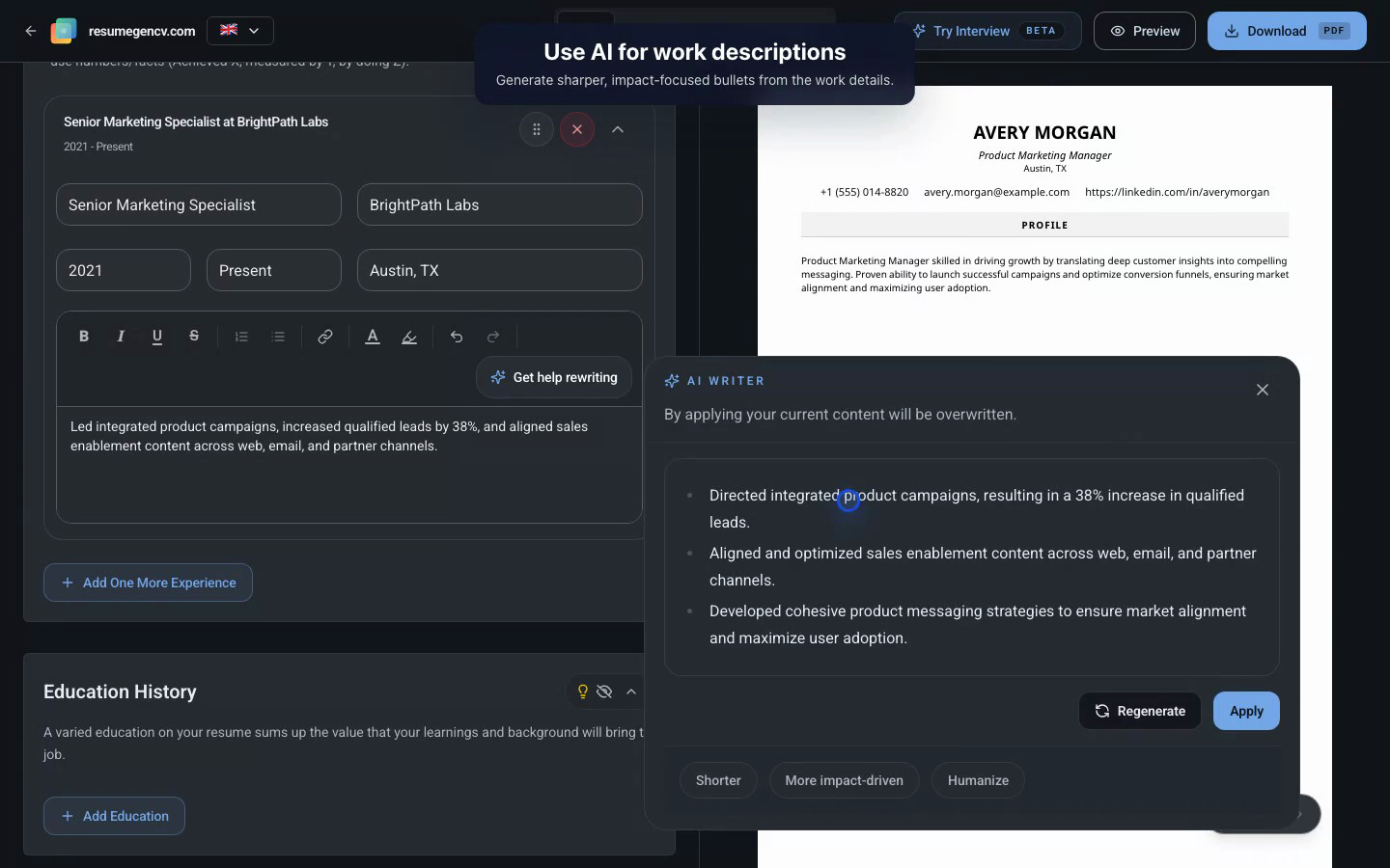 Turn rough notes into stronger resume language. Use AI help to sharpen your professional summary, improve experience descriptions, and make achievements clearer without inventing experience.
