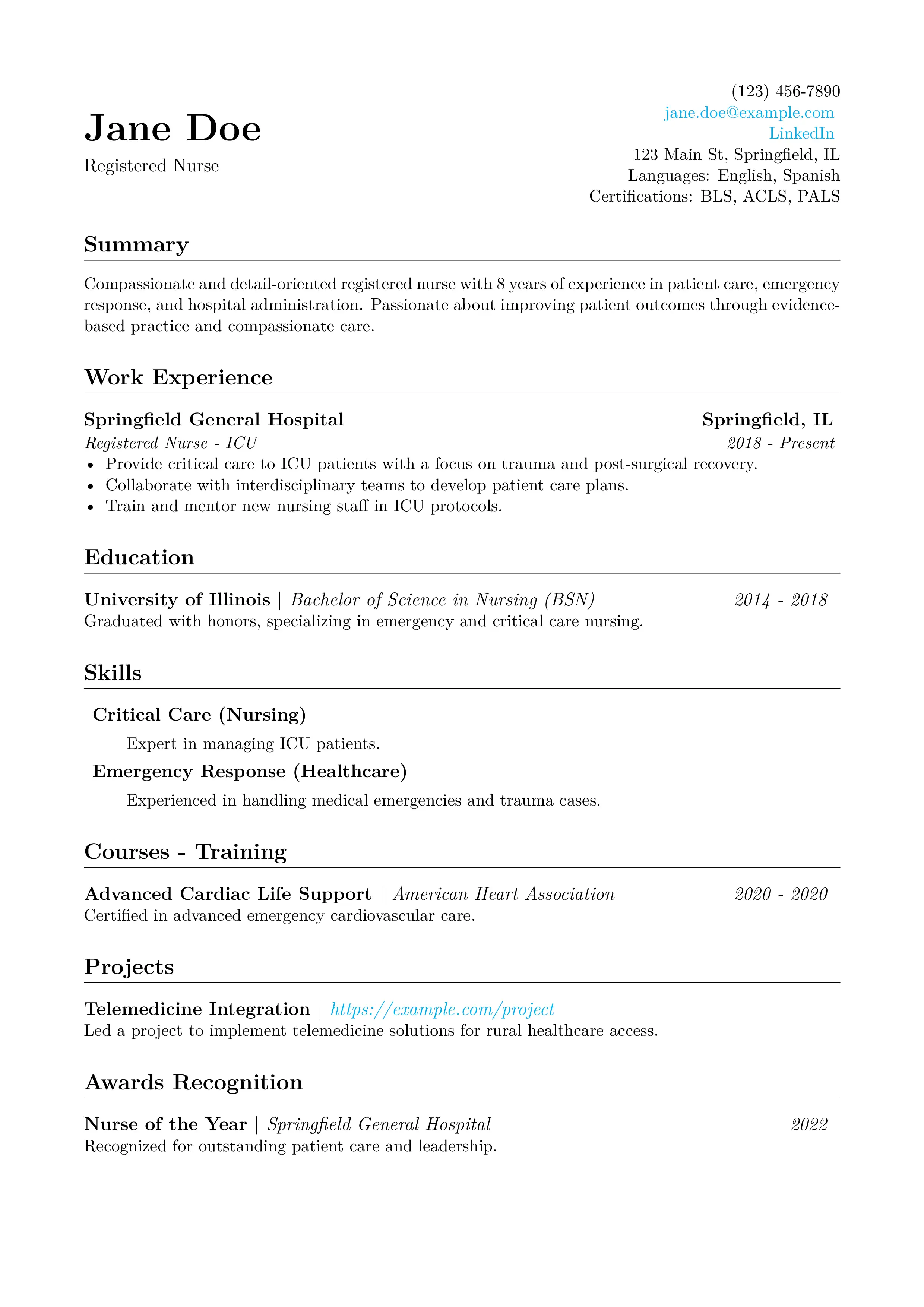 A professional and modern resume template designed with a clean layout and optimized for clear readability. The document features a balanced structure with well-defined sections for personal details, work experience, education history, skills, courses, projects, and awards. The top section prominently displays the applicant's name, job title, and contact information, followed by clearly organized sections detailing their experience, education, and qualifications. The template ensures a polished and formal presentation suitable for a wide range of professions.
