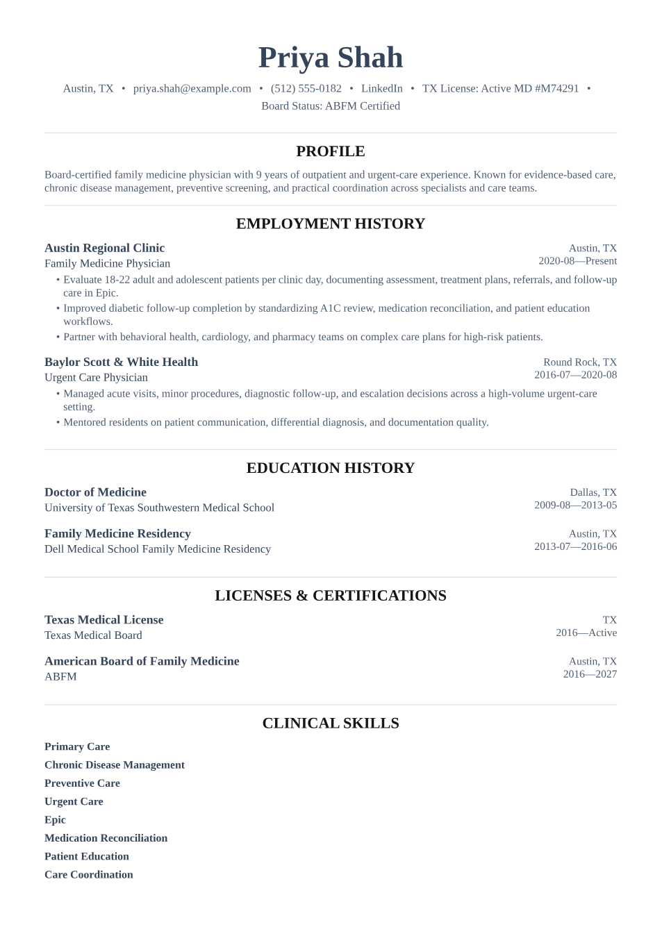 Filled family physician resume example preview using the Whitmore template