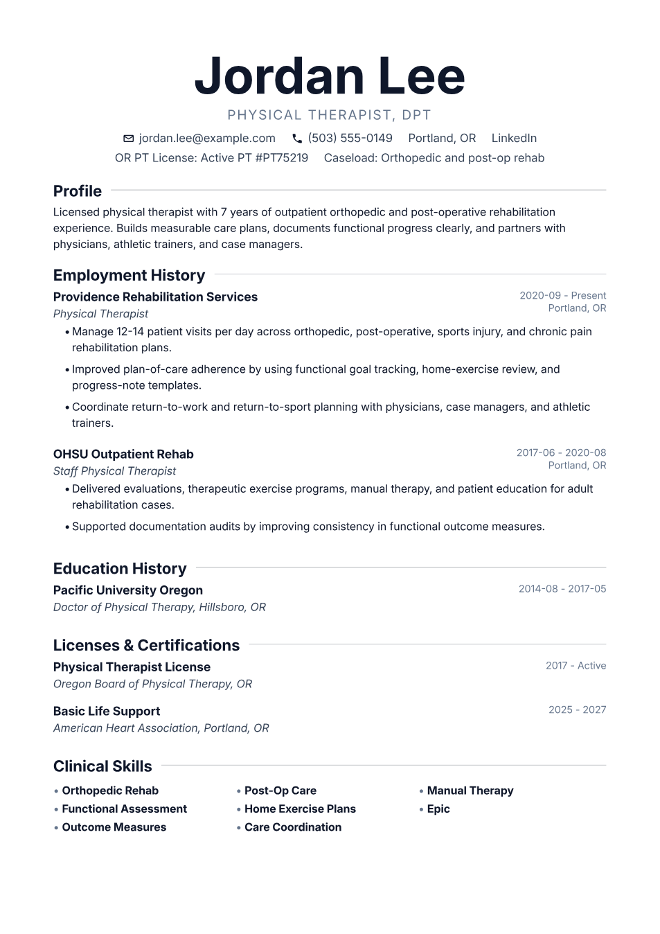 Filled physical therapist resume example preview using the Metroline template