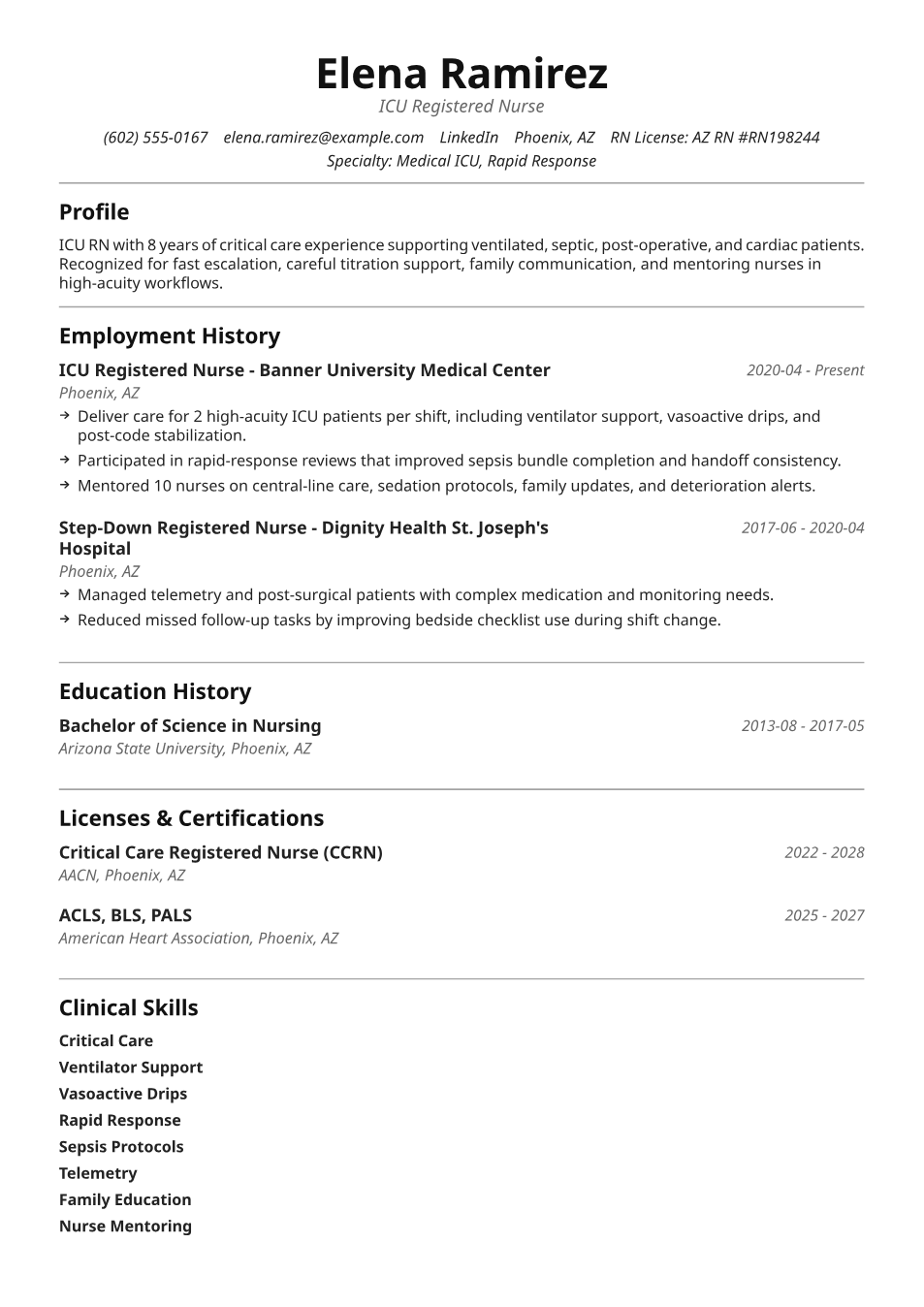 Filled ICU nurse resume example with critical care experience, ventilator support, rapid response, CCRN, ACLS, BLS, and PALS