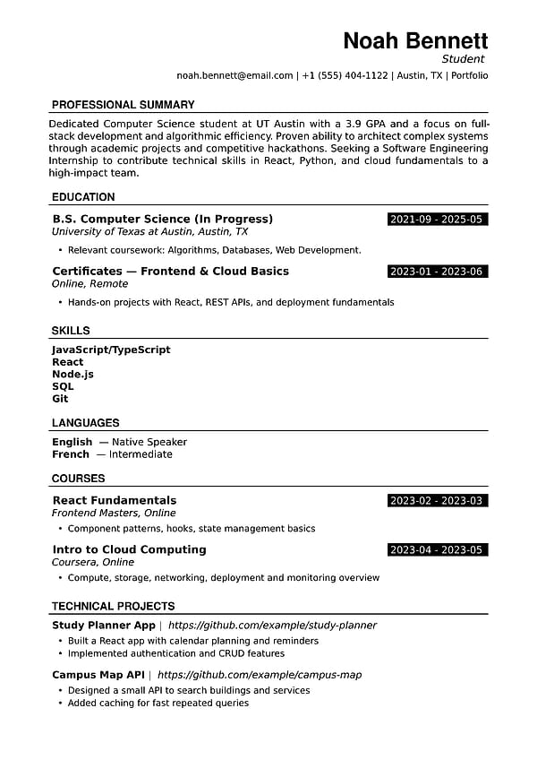 Aba resume template showing its header, experience, education, and skills layout