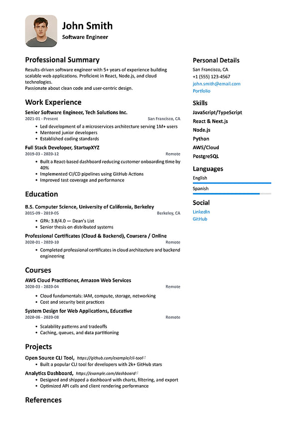 Clean Start modern resume template preview - simple, minimalist, ATS-friendly layout for professional and concise resumes