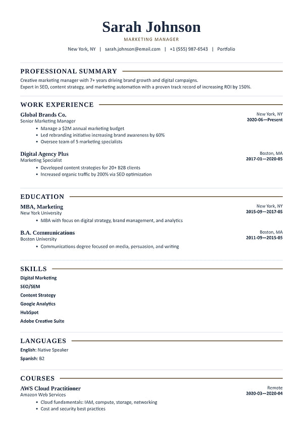 Langford modern resume template preview - elegant and bold design, ATS-friendly, perfect for creative and professional job seekers using an online resume builder