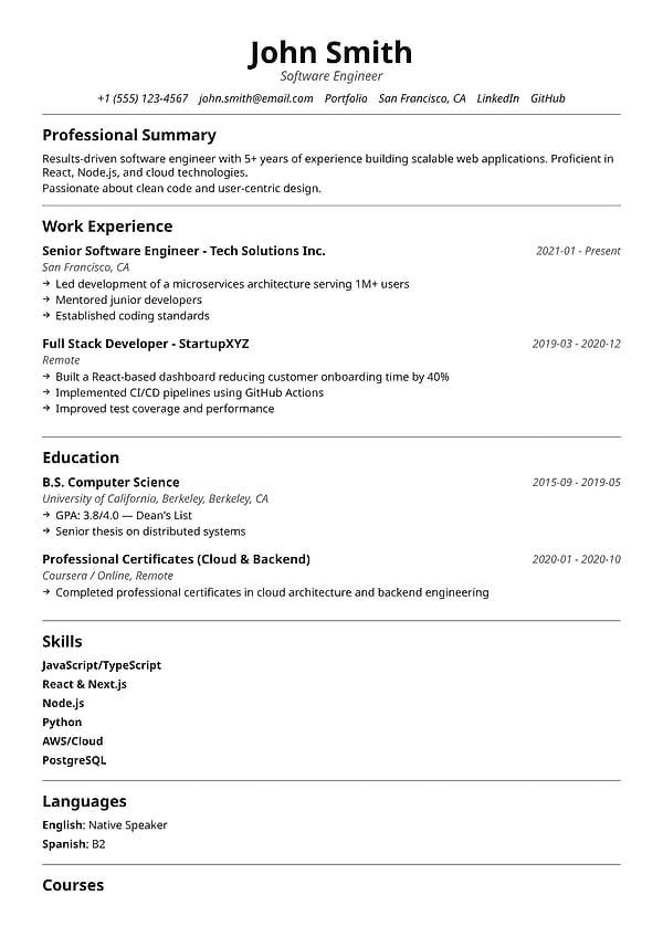 A clean and professional single-column resume template with a centered contact header, elegant section dividers, and balanced spacing. Meridian presents personal details, experience, education, skills, and projects in a polished, easy-to-scan layout with automatic text wrapping for a refined and readable resume.