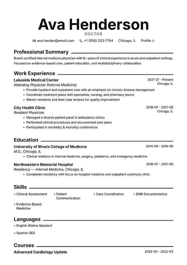 Metroline resume template with a centered header, ruled sections, and a clean one-column technical layout.