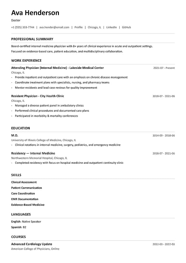 Prague resume template with a single-column layout and horizontal section dividers.