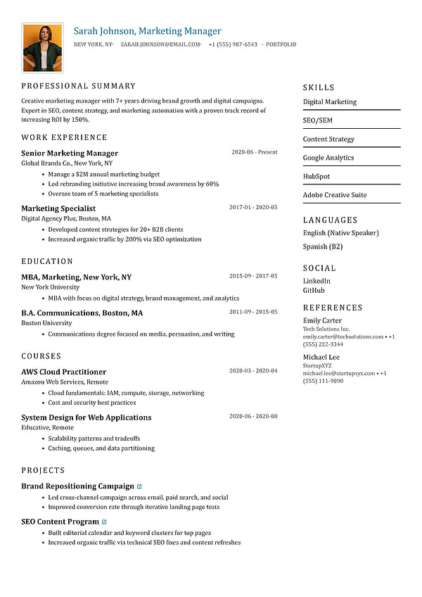 Stonebridge resume template with a refined two-column layout, classic serif typography, and elegant profile-led header.