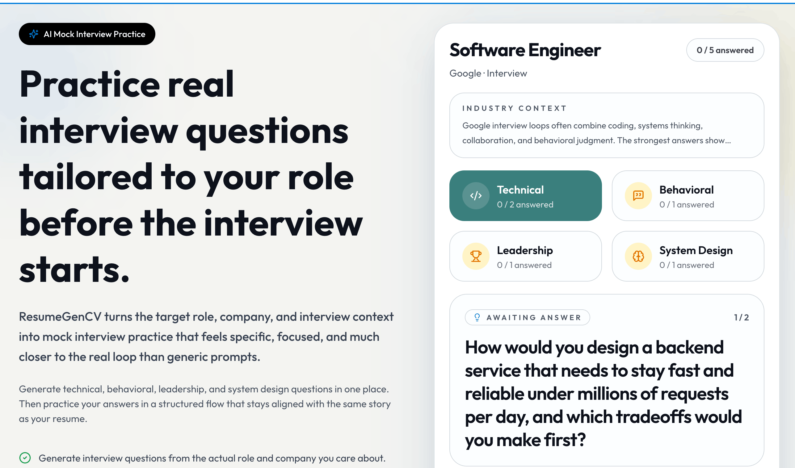 ResumeGenCV AI interview preparation connected to a tailored resume