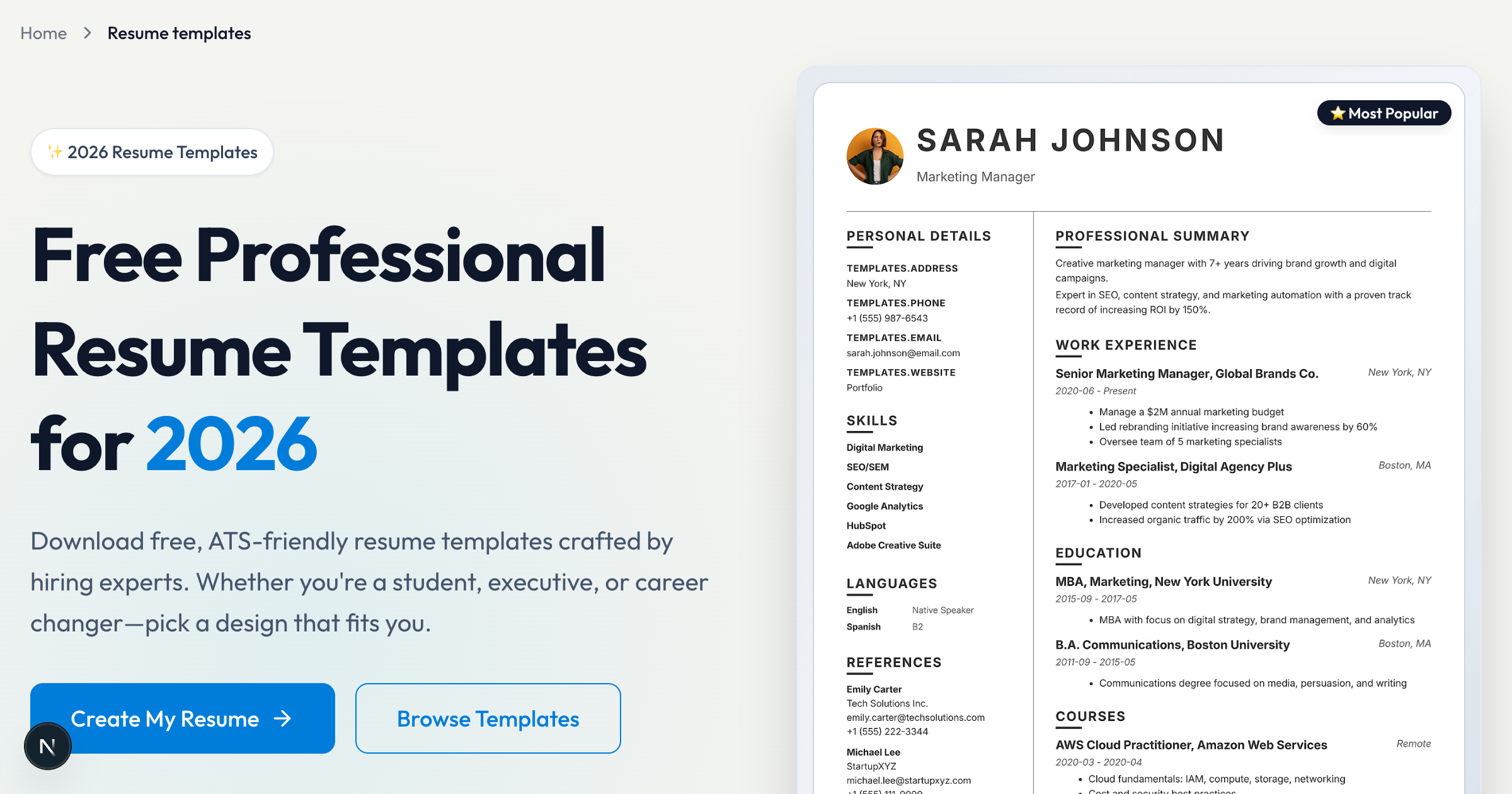 Free Resume Templates 2026 - Download & Build Easily